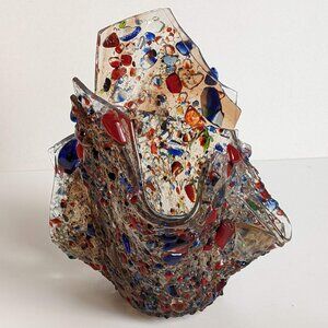 Hand Blown Colorful Confetti Pebble Fused Art Glass Candle Vase Holder 7" Signed